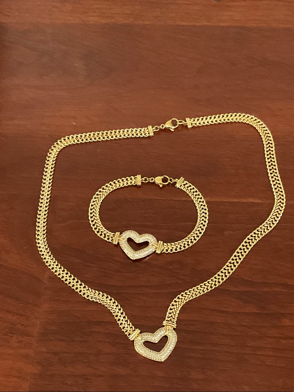 Gold Heart Pendant Necklace and Bracelet Set - Women Jewelry